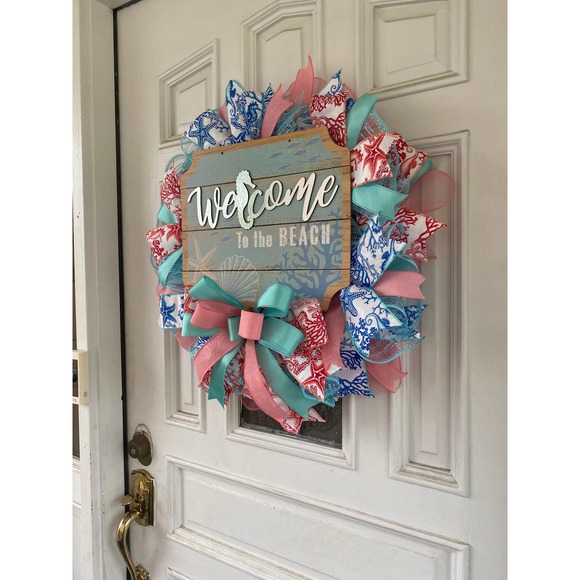 Welcome to the Beach Seahorse Deco Mesh Ribbon Wreath Door Hanger Home Decor - Picture 7 of 8